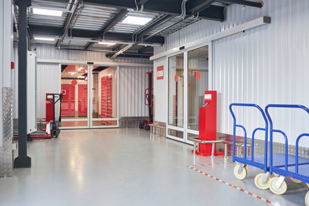 Interior of self-storage facility with carts next to automatic doors