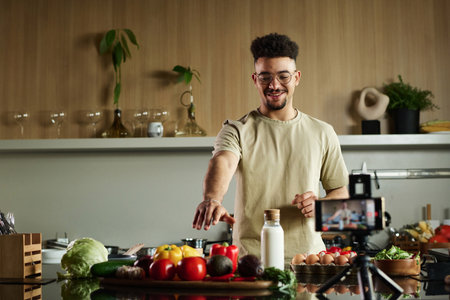 Medium shot of young middle eastern cook pointing at food on kitchen table while being filmed on smartphone cameraの写真素材