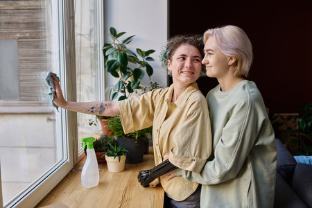 Lesbian couple doing housework at home, they cleaning window togetherの写真素材