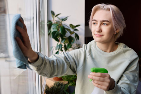 Young woman spraying and wiping window from dust during housework at home