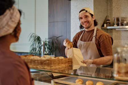 Cheerful caucasian bakery worker putting croissant into craft bag for unknown female clientの写真素材