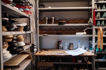 Part of workplace of professional shoemaker with small table with various supplies and shelves with...