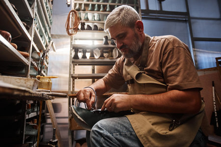 Mature grey-haired male master of shoemaking putting shoelace into small holes on upper part of boot...