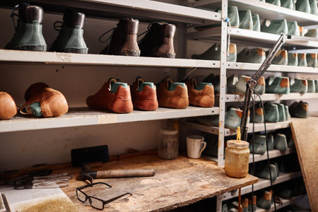 Part of workplace of shoemaker with several rows of leather workpieces on long shelves and small...