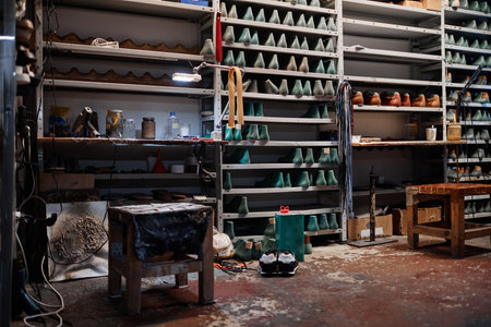 Part of spacious workshop of shoemakers with small and narrow tables, two stools and long shelves...