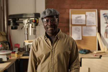 Portrait of kind Black senior craftsman wearing protective glasses and smiling at camera in workshopの写真素材