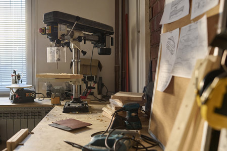 Close up background image of cutting machines and tools in carpenters workshop, copy spaceの写真素材