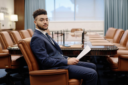 Lawyer in business suit sitting in armchair in boardroom with document in hands looking at cameraの写真素材