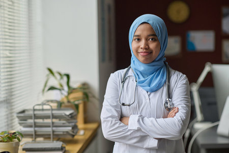 Muslim female physician confidently posing at hospital office and smiling at camera