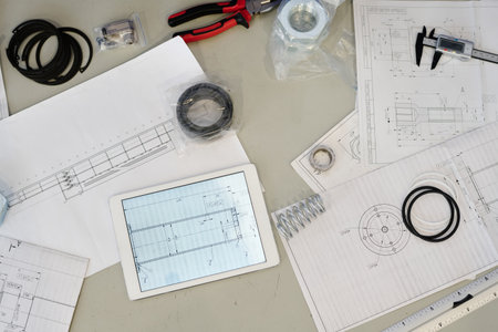 From above view flat lay shot of technical drawings, tools and digital tablet on table