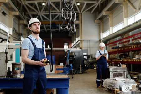 Selective focus shot of Caucasian man and woman wearing uniforms with hardhats working in modern factory, copy spaceの写真素材