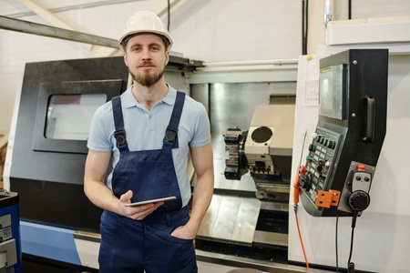 Medium portrait of young bearded factory worker holding digital tablet standing against CNC machine...