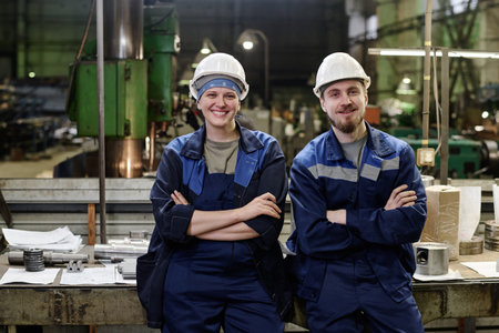Portrait of confident man and woman in uniform sitting with arms crossed in workshop smiling at cameraの写真素材