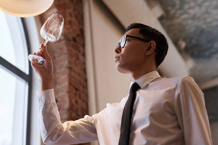 Low angle view shot of young Asian man working in fine dining restaurant checking cleanliness of wine glassの写真素材