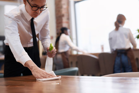 Selective focus shot of young Asian man working in modern restaurant wiping table, copy space