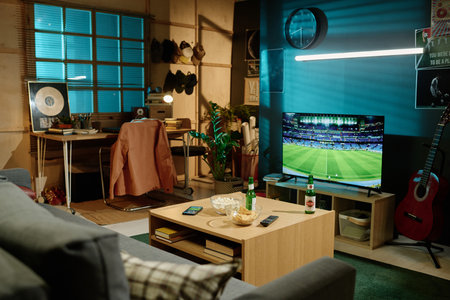 No people wide shot of modern living room interior with beer and snacks on table and soccer match on...