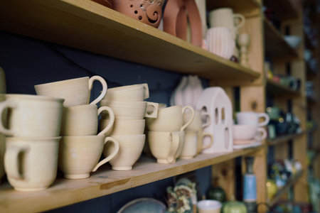 No people shot of handmade cups and earthenware on shelves in pottery workshop, copy spaceの写真素材