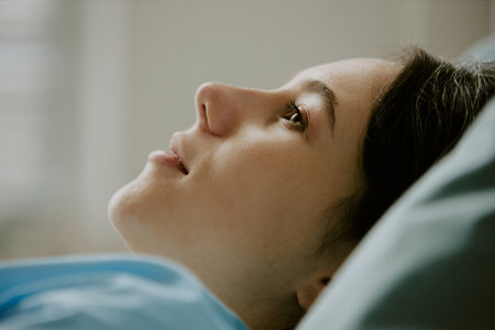 Close up of woman lying on pillow and smiling widelyの写真素材