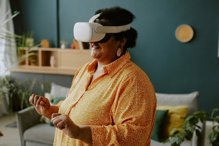 Mature African American elderly woman having fun with virtual reality, copy space