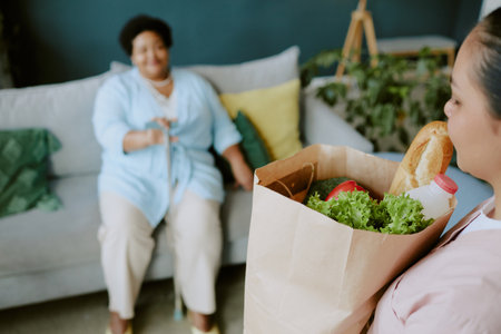Young nurse delivering care package with healthy food to mature African American female patient while she resting on sofaの写真素材