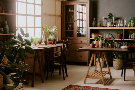 Two wooden tables with equipment for creating perfumery, huge number of plants and wooden furniture...