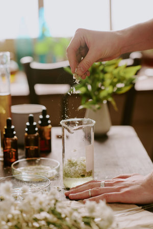 Female hands strewing dried crushed petals of daisy into transparent and clean liquid in long glass flaskの写真素材