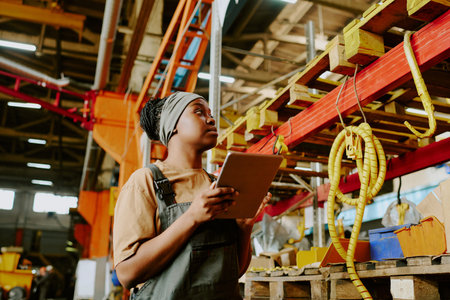 Low angle view of young African American female factory worker holding digital tablet doing inventory, copy spaceの写真素材
