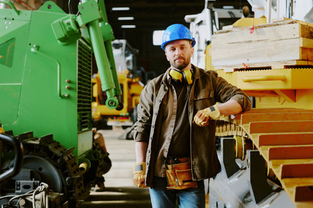 Medium long shot of confident Caucasian man with beard on face standing at workplace in modern bulldozer production factoryの写真素材