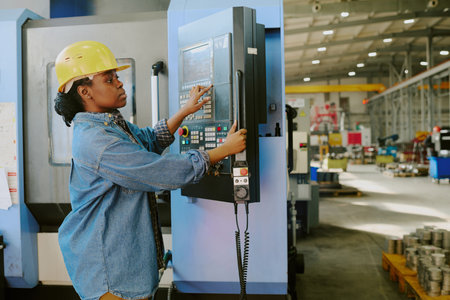 Medium shot of young African American woman working in factory adjusting settings on CNC machine,...