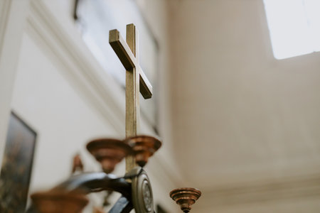 No people low angle view shot of wooden cross on altar in catholic church, copy spaceの写真素材