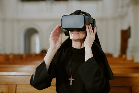 Medium closeup of modern Caucasian nun sitting on pew in Catholic church turning on VR headset
