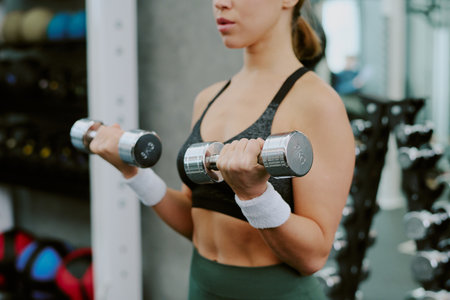 Young female athlete pumping iron to gain muscle