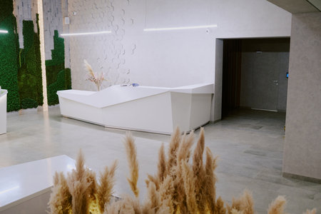 High angle shot of spacious lobby, lobby made of natural materials and decorated with dried ears of...