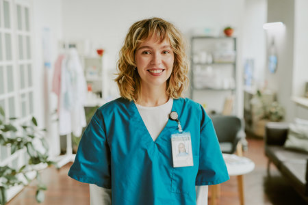 Portrait of blonde nurse looking at camera directly and smiling widely showing her teethの写真素材