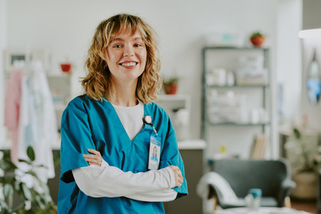 Golden haired Caucasian nurse smiling widely and crossing her arms while sitting for portrait in on call roomの写真素材