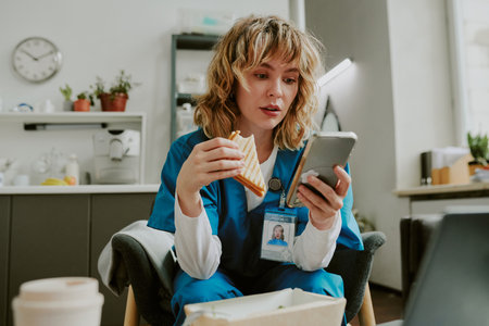 Good looking Caucasian nurse biting fresh sandwich while chatting on social media