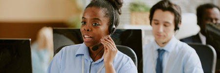 Website header of African American female operator adjusting microphone while having conversation...