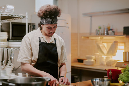 Talented young chef chopping garlic to add it as spice in brand new dishの写真素材
