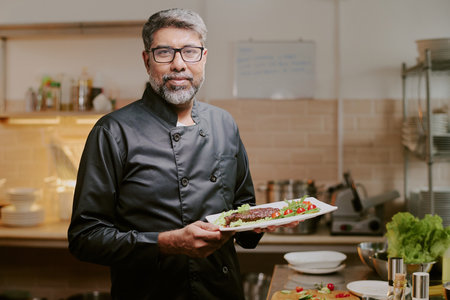 Proud middle aged chef dressed in black uniform smiling widely while demonstrating his served dish