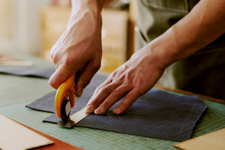 Unrecognizable male hands holding round knife and steel ruler to cut out deep blue leather...