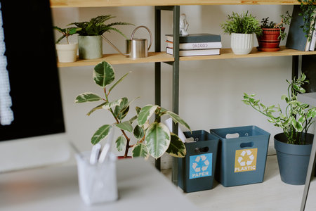 Plastic recycling bins on floor in modern eco-friendly office interior, high angle view no people...