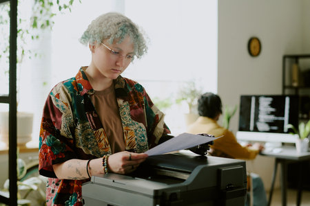 Young Caucasian female manager with disability wearing prosthetic arm standing at printer checking...
