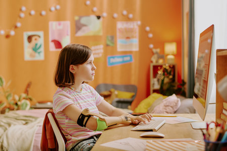 Side view of teen girl with artificial arm sitting at desk in her room and typing on desktop...