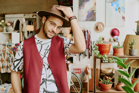 Man adjusting hat in cozy boutique surrounded by vibrant plants, stylish accessories, and charming decor creating a warm and inviting atmosphereの写真素材