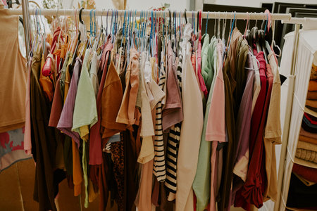 Colorful assortment of shirts, dresses, and tops hanging on metal rack in store setting creating vibrant visual appealの写真素材