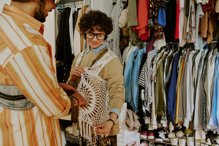 Woman smiling while trying on crochet top in clothing store with racks of clothes around. Smiling...