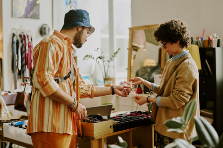 Shopkeeper assisting customer in trendy boutique while discussing different types of jewelry pieces displayed Services offered in stylish decorated space with unique accessoriesの写真素材