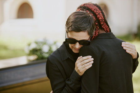 Senior Caucasian woman crying on her daughters shoulder at funeral