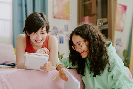Two young women engaged in study, exchanging ideas while taking notes sitting in a cozy room filled with study materials and decorationsの写真素材