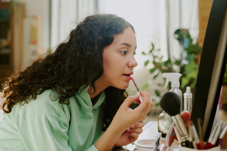 Young Black person applying lipstick in bedroom while looking in mirror, with makeup products scattered on table, and curtains providing soft background lightの写真素材
